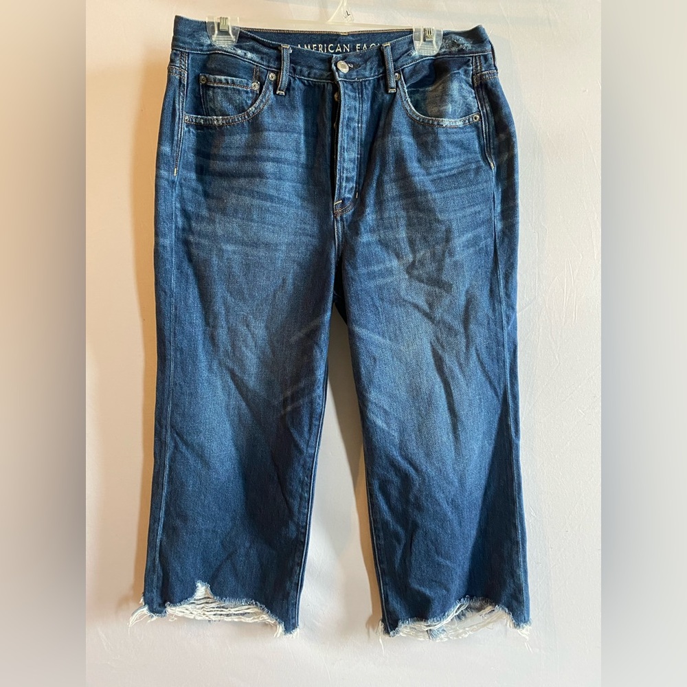 American Eagle Blue Wide Leg Crop Button Fly Jeans Womens Size 10 Short